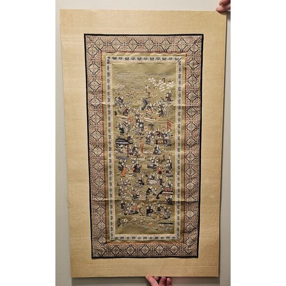 Vintage Chinese Handmade Silk Embroidery Panel on Silk Matte Board EUC